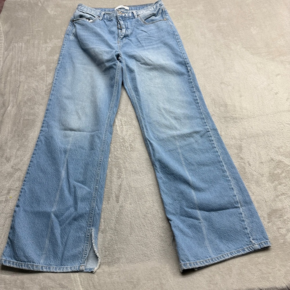 KanCan Wide Leg Jeans Women 11/29 Light Wash Side Slit Button Fly 90s Boho Denim